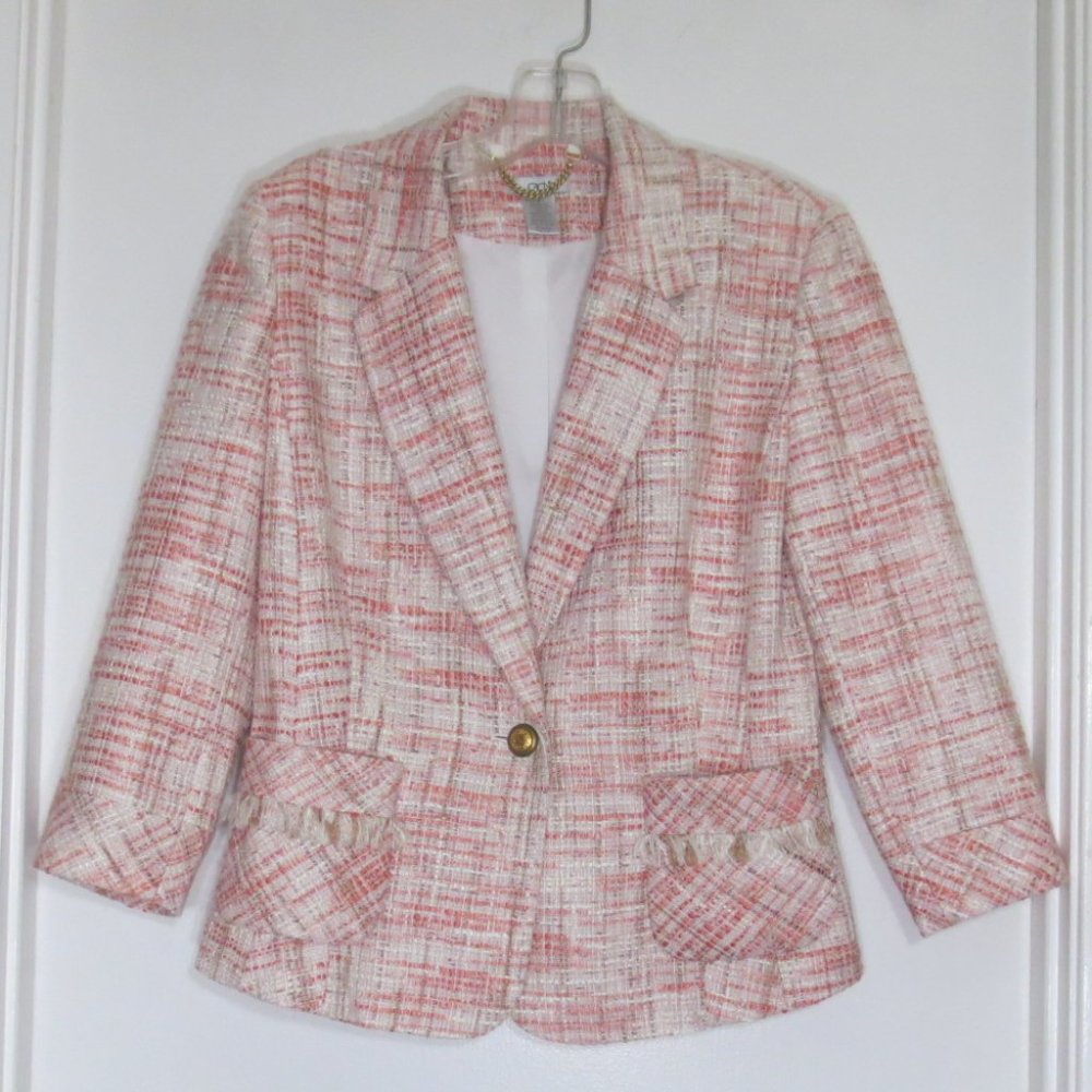 Cach'e Jacket Cream Coral Woven Textured Classic Lines Sculpted Blazer Size 8